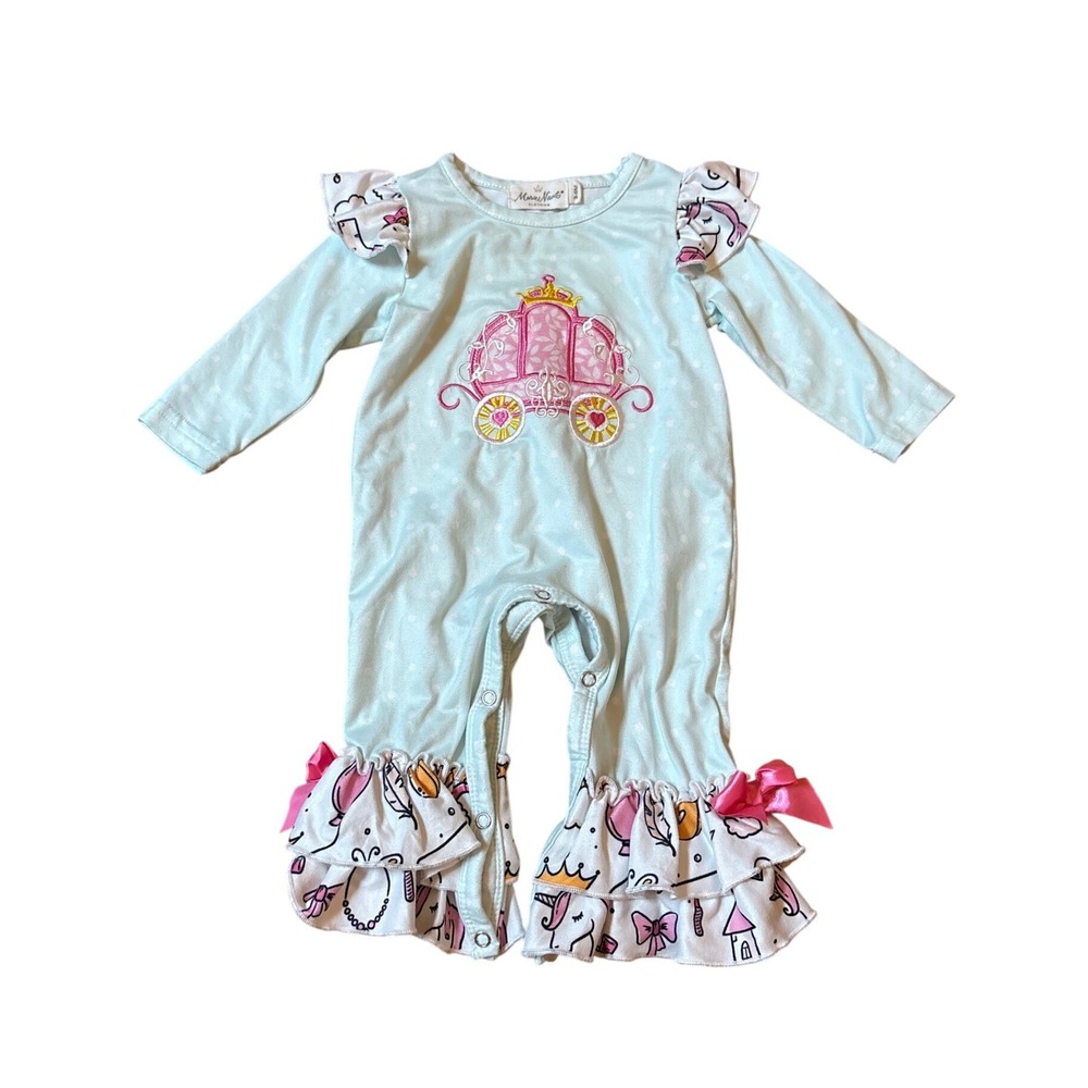 Marie Nicole Romper Baby Blue Princess Carriage Ruffle Bell Bottom SIZE 3-6M